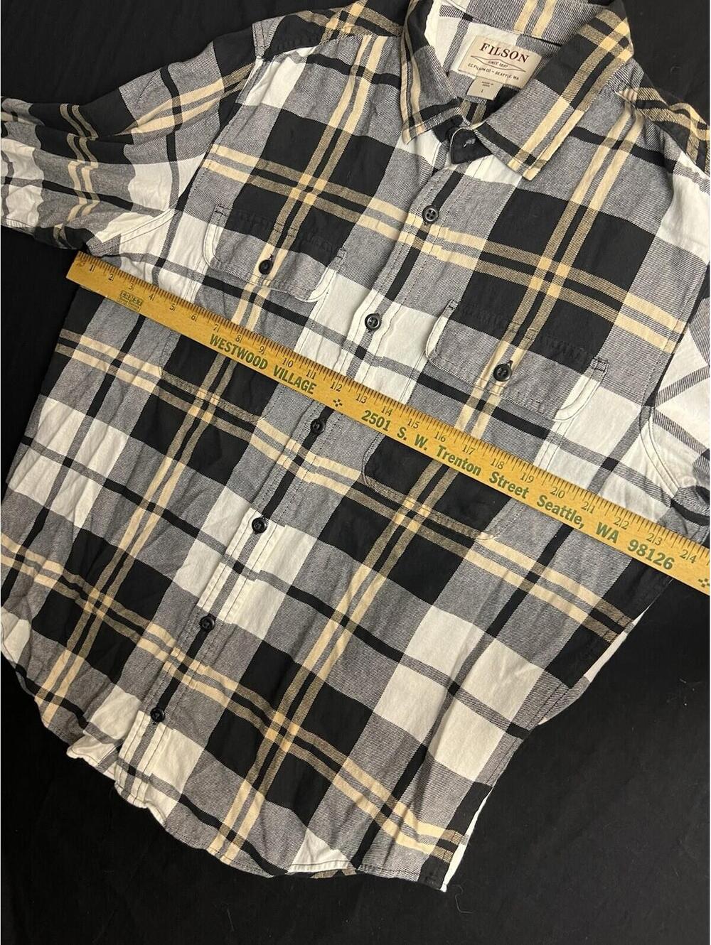 Filson Scout Flannel Button Up Shirt Plaid Mens L Black Gold White Cotton - Picture 9 of 10